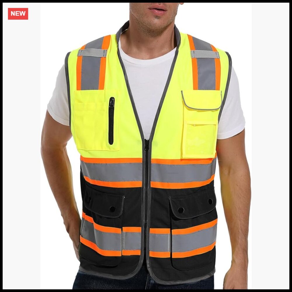High Visibility Safety Vest Reflective Strips Zipper Pockets Work Utility Unisex
